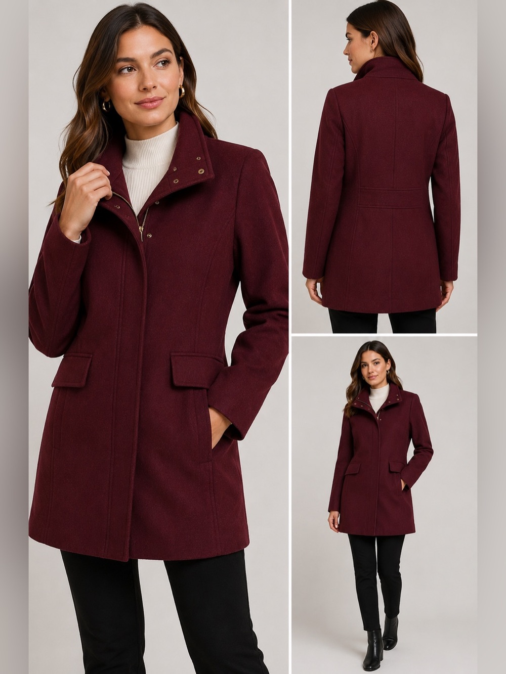Vince Camuto Burgundy High Collar Zip Snap Long Coat NWT M